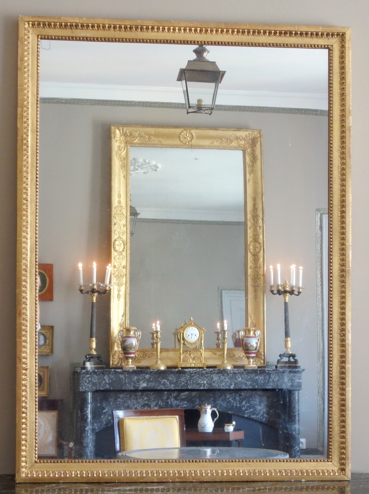 Detail — Large Louis XVI gold leaf gilt wood mirror, mercury glass - 145cm x 107cm