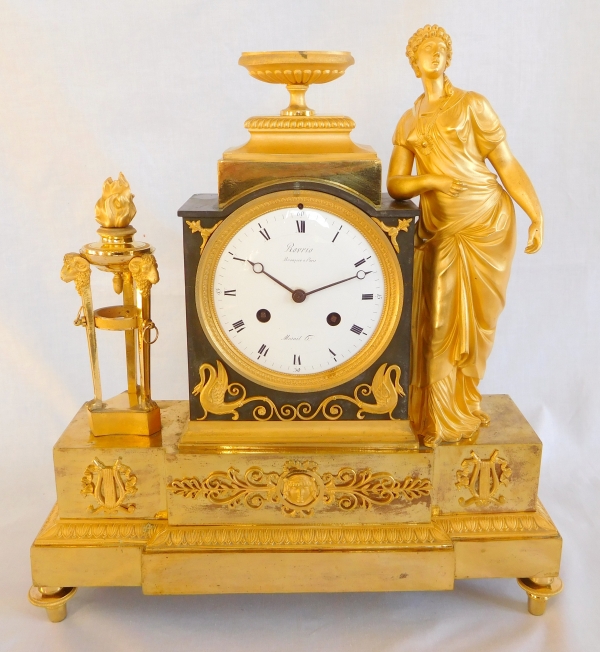 Détail — Ravrio : pendule d'époque Empire en bronze patiné et doré au mercure - signée