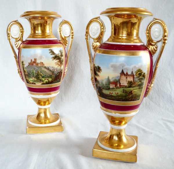 Detail — Pair of Empire Paris porcelain vases, polychromatic and gilt decoration - 32.5cm