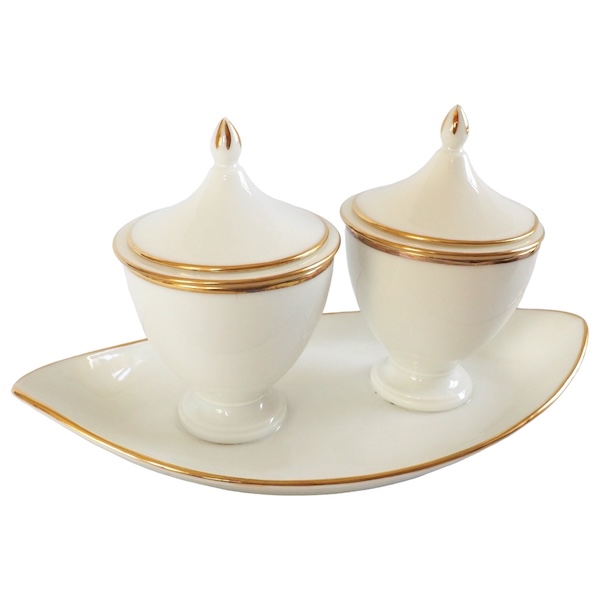 Nast : confiturier double d’époque Empire en porcelaine de Paris blanche et or