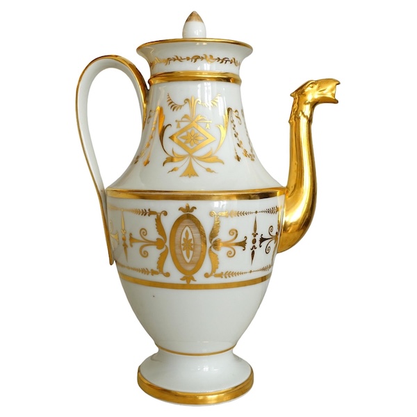 Manufacture Halley : grande verseuse théière cafetière d'époque Empire en porcelaine blanche & or