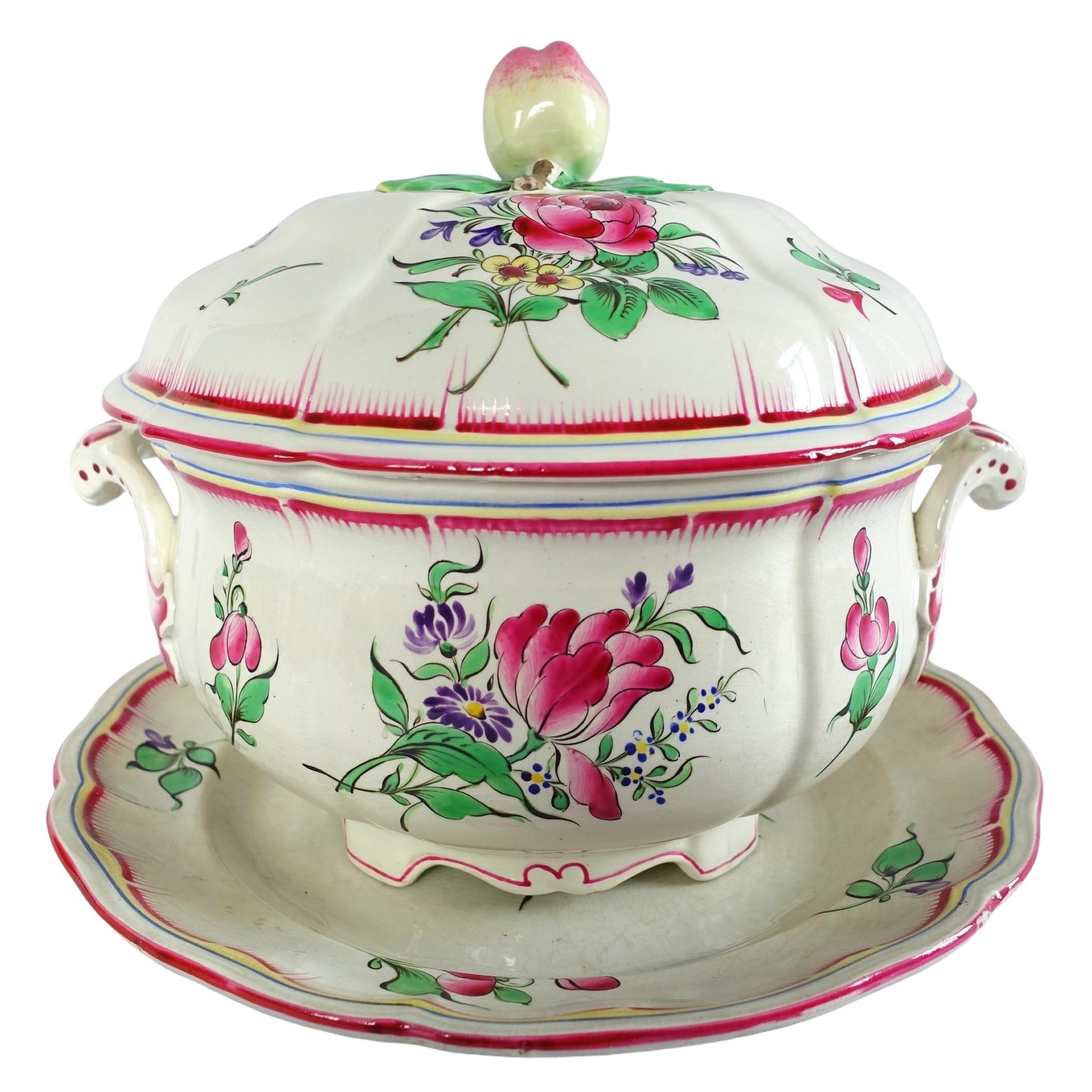 Luneville earthenware polychromatic soup tureen and its saucer - signed
