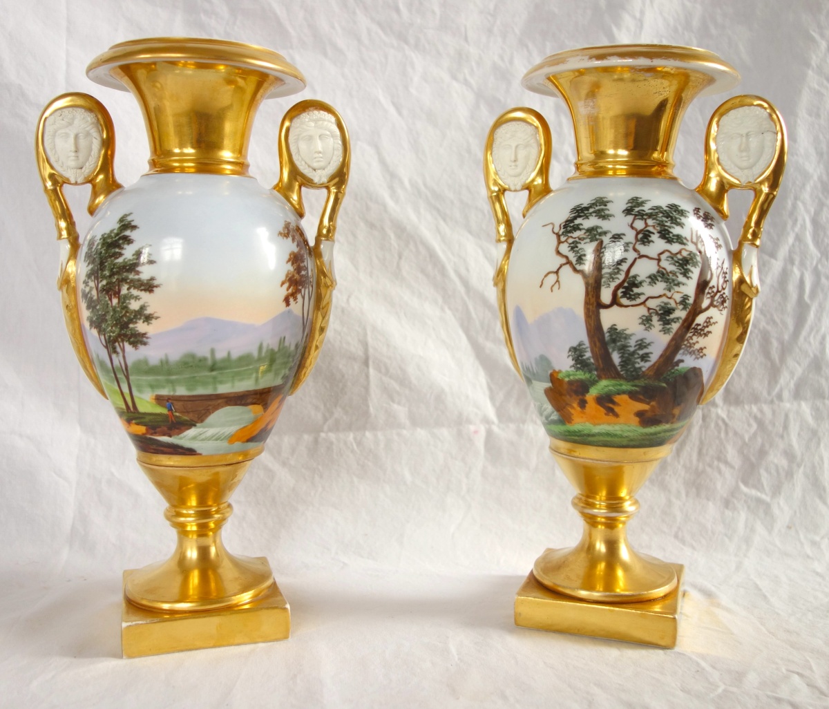Detail — Pair of Empire Paris porcelain vases, biscuit handles, polychromatic landscapes