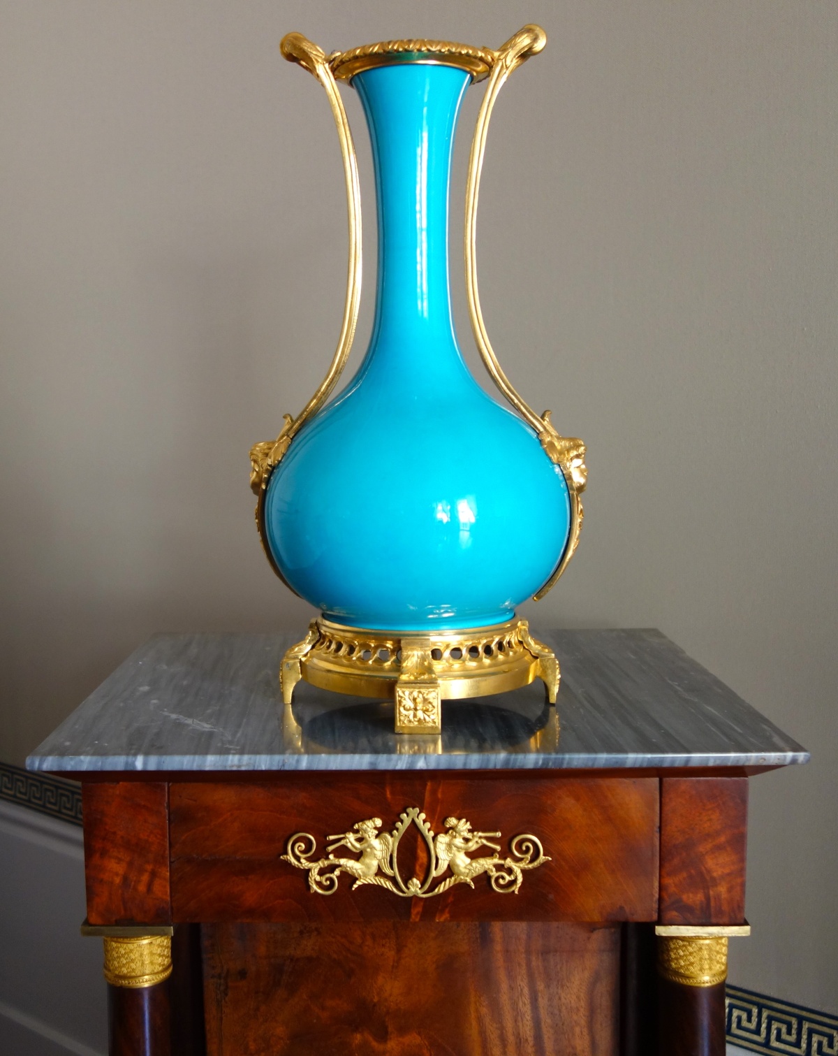 Detail — Tall ornamental Louis XVI style vase, turquoise porcelain, ormolu frame