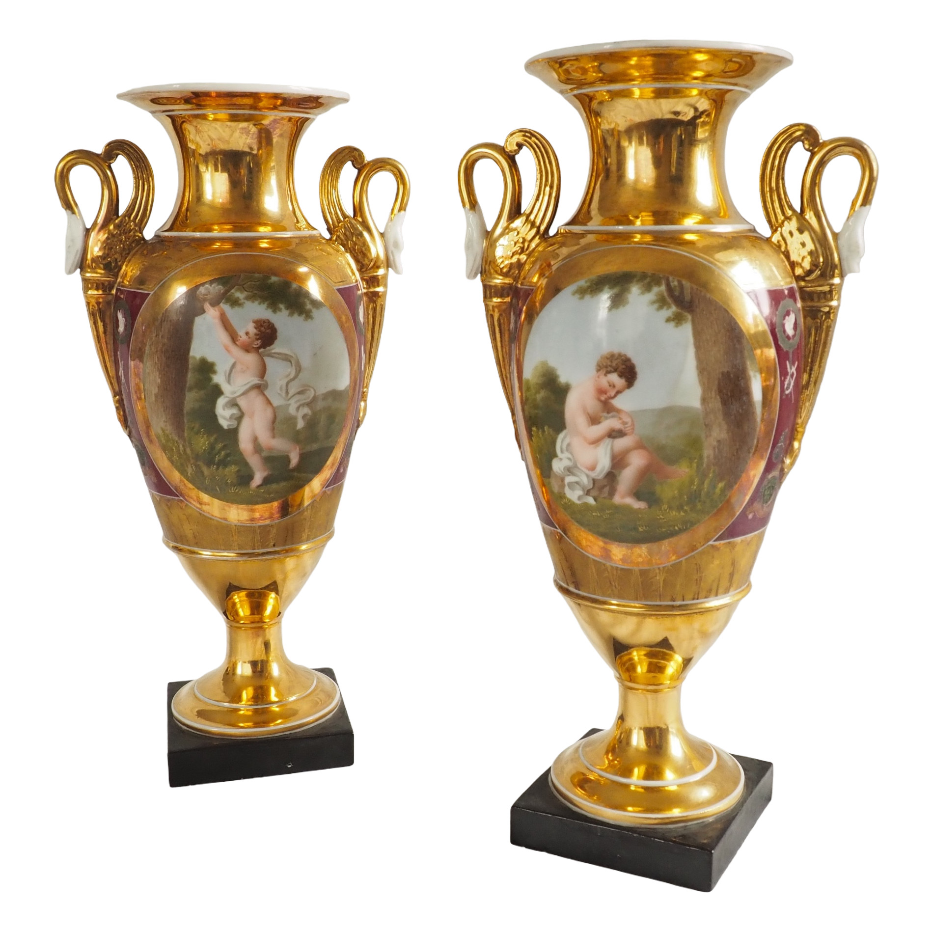 Pair of Empire Paris porcelain vases, polychromatic and gilt decoration - putto stealing eggs