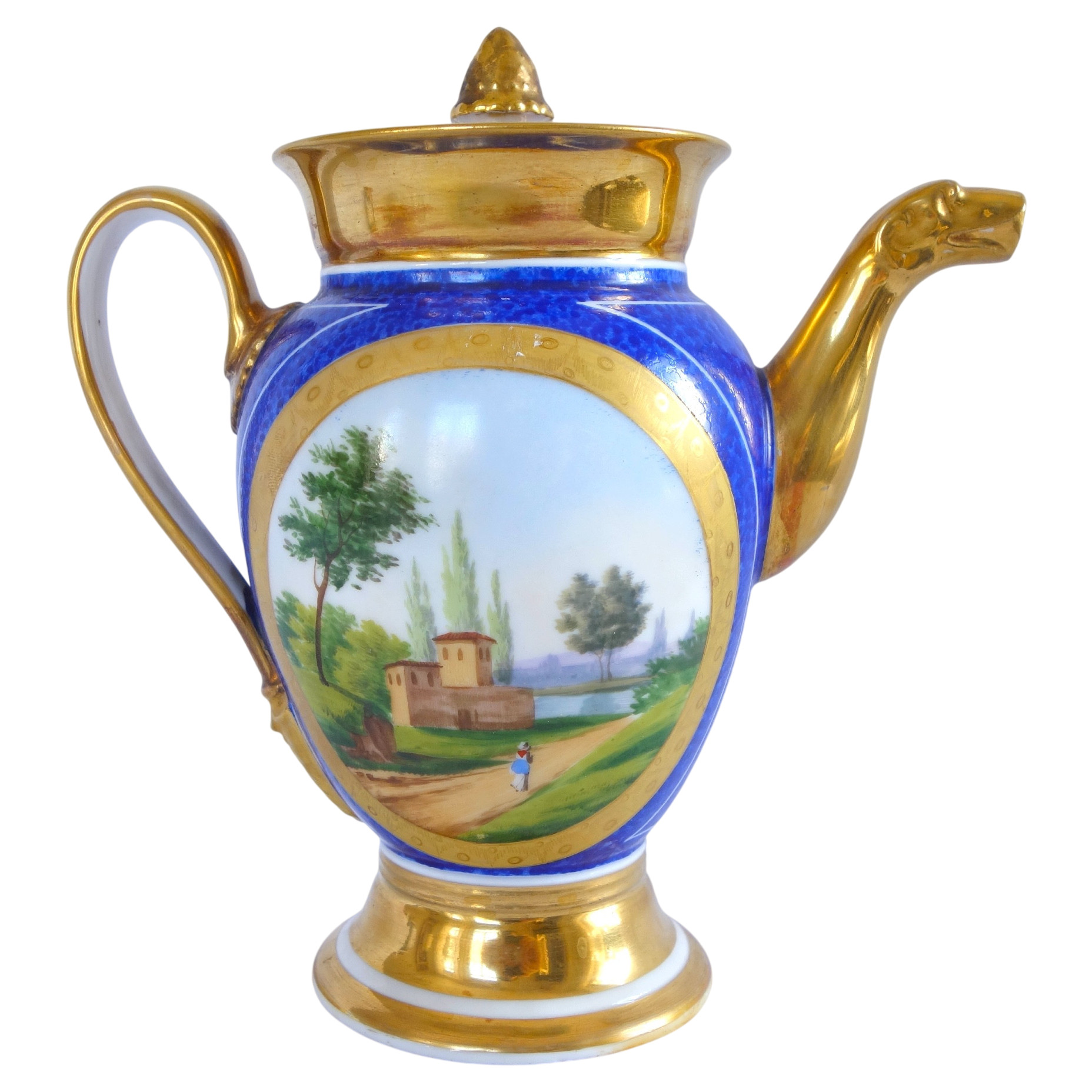 Verseuse / théière Empire à décor bleu et or en porcelaine de Paris, époque Restauration