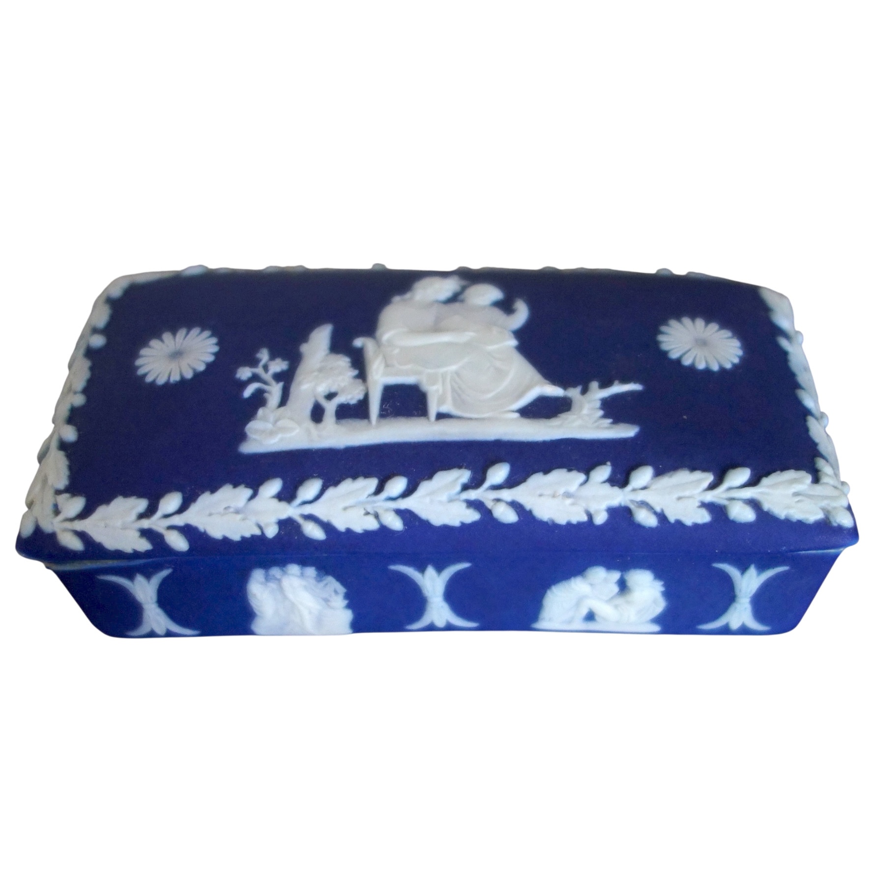 Wedgwood - rectangular box, antique style scene on a navy blue background