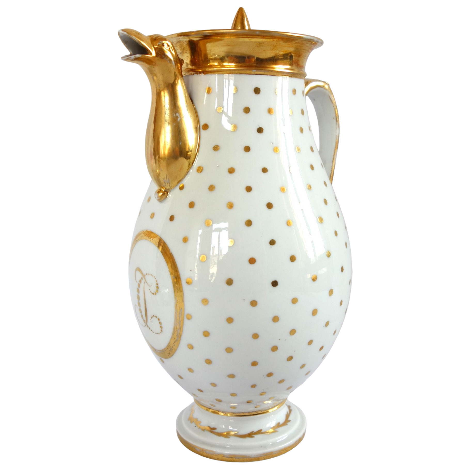Verseuse, cafetière en porcelaine de Paris d'époque Empire à décor pointillé à l'or monogramme