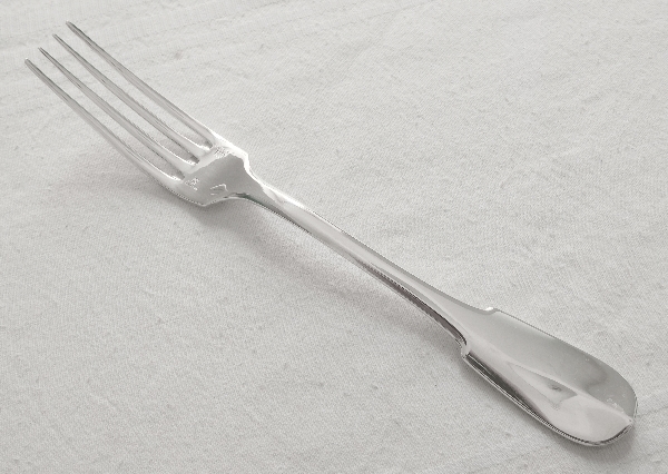 Detail — Christofle silver plated dessert fork, Cluny pattern