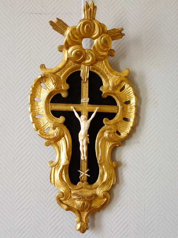Detail — Ivory Christ, rich Louis XV gold leaf gilt wood frame, mid 18th century