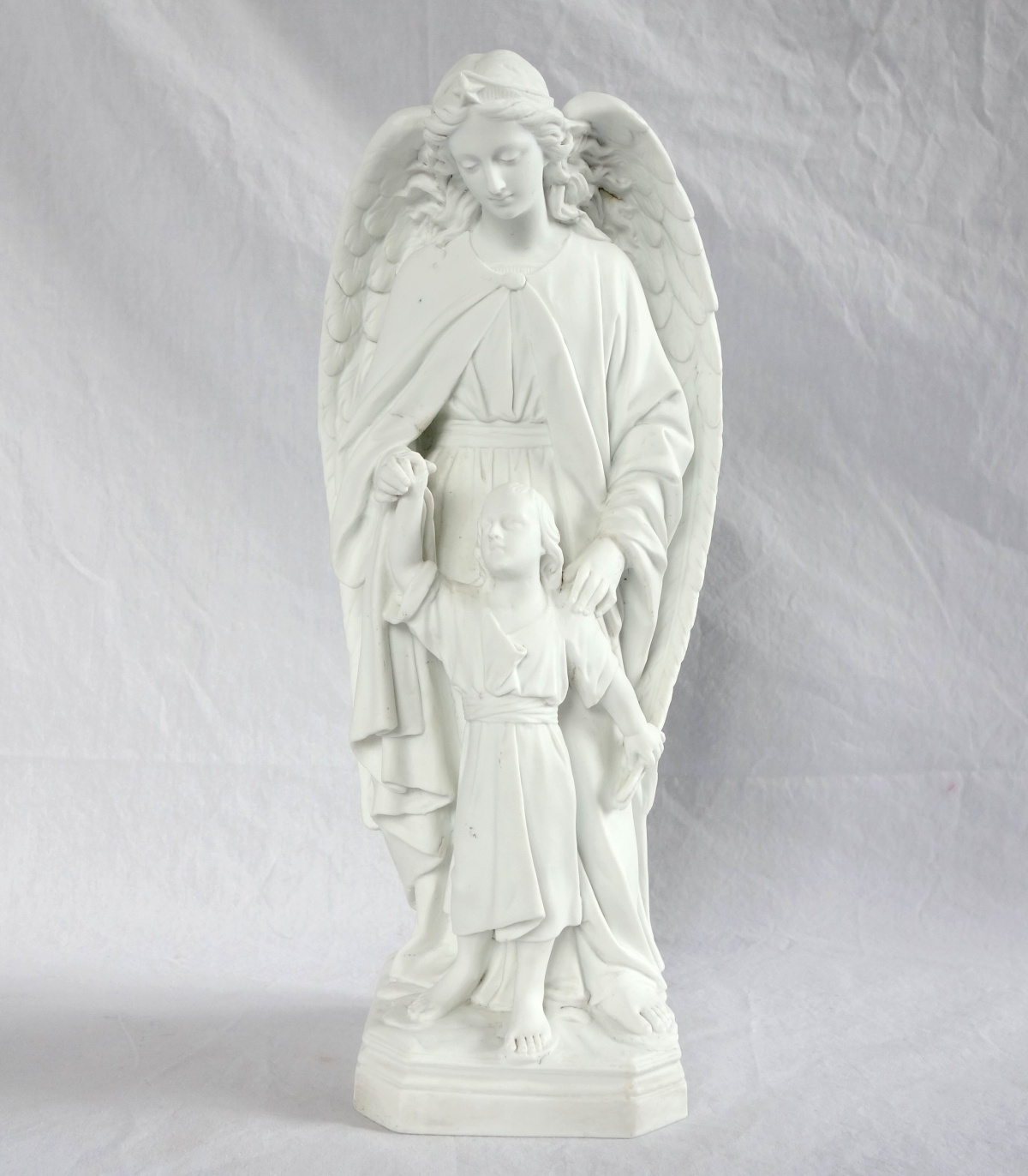 Detail — Tall porcelain biscuit Guardian Angel with child - 19th century