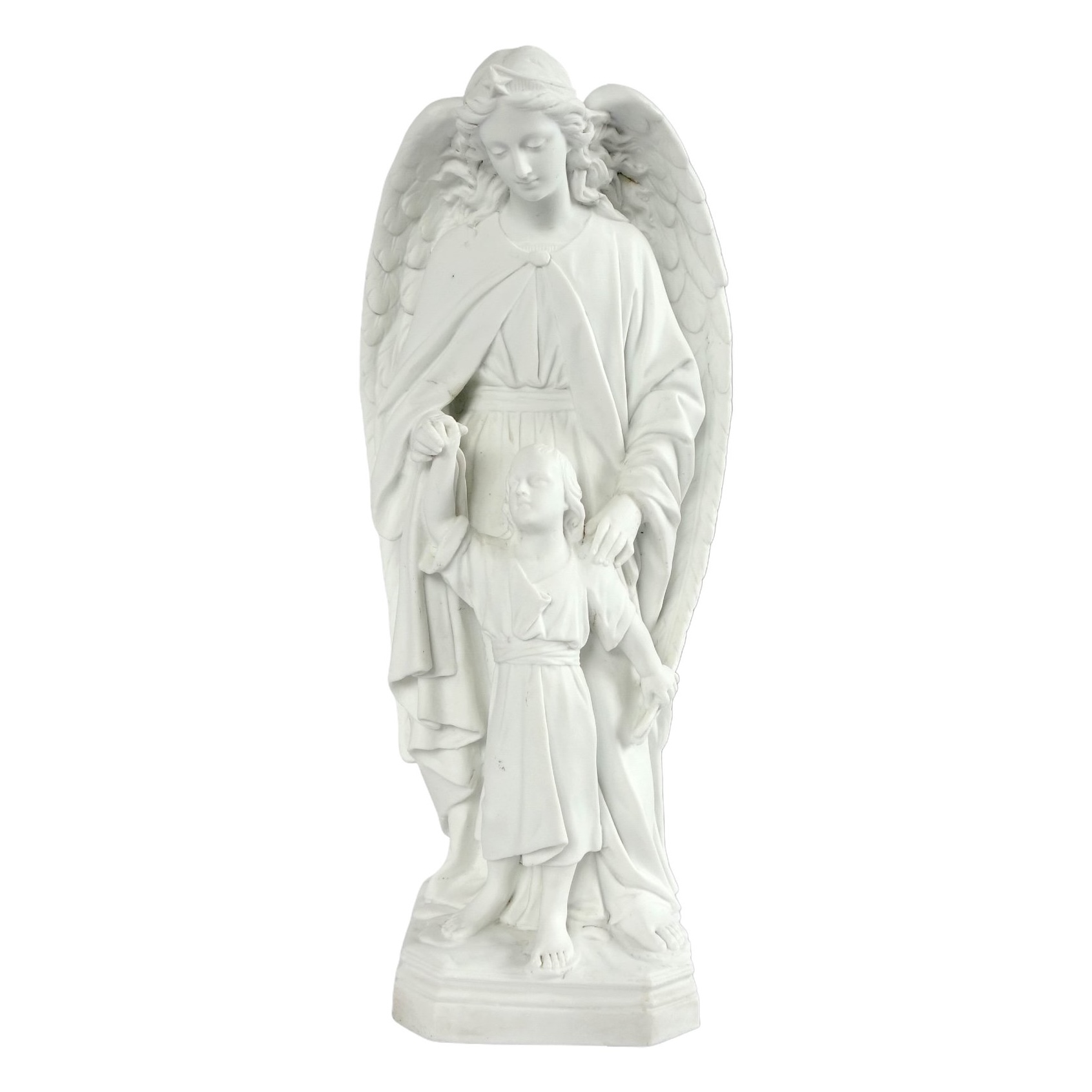 Tall porcelain biscuit Guardian Angel with child - 19th century