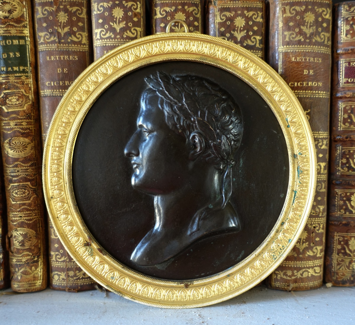 Detail — Large patinated bronze medal picturing a portrait of Emperor Napoleon