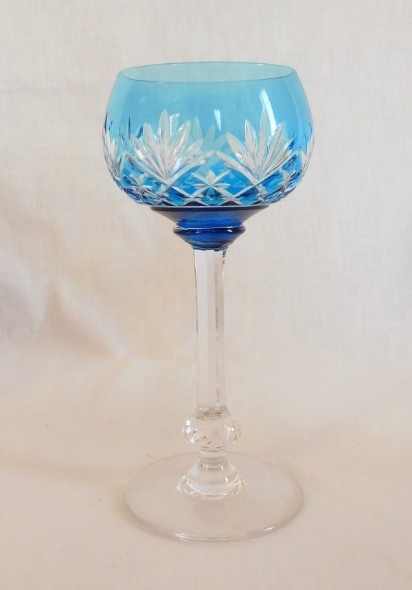 Detail — St Louis overlay crystal hock glass, Massenet pattern, light blue / turquoise overlay crystal - signed