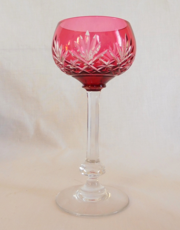 Detail — St Louis overlay crystal hock glass, Massenet pattern, pink overlay crystal - signed
