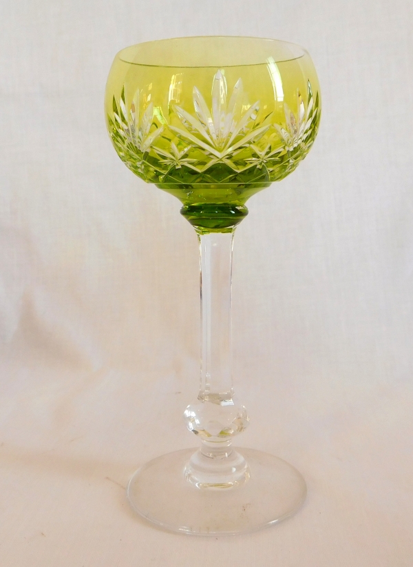 Detail — St Louis overlay crystal hock glass, Massenet pattern, light green overlay crystal - signed