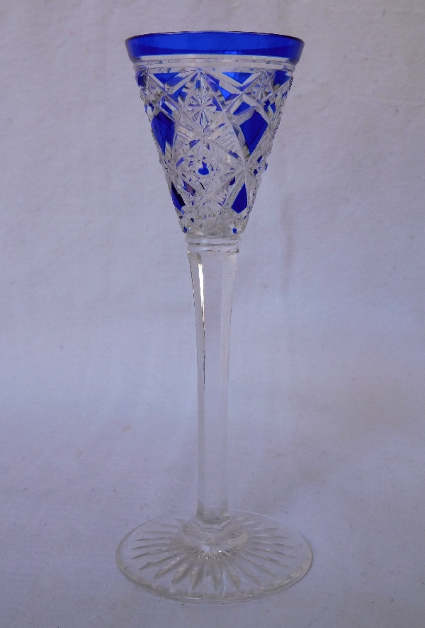 Detail — Baccarat crystal liquor glass, Lagny pattern, blue overlay crystal
