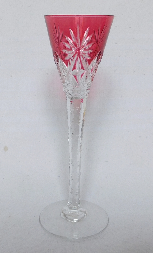 Detail — St Louis crystal liquor glass, Nelly pattern, pink overlay crystal