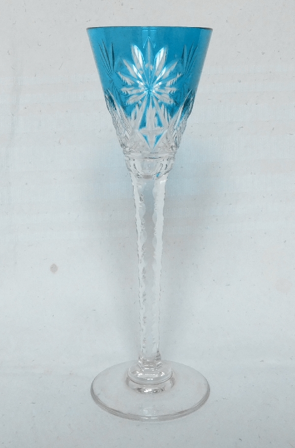 Detail — St Louis crystal liquor glass, Nelly pattern, turquoise overlay crystal