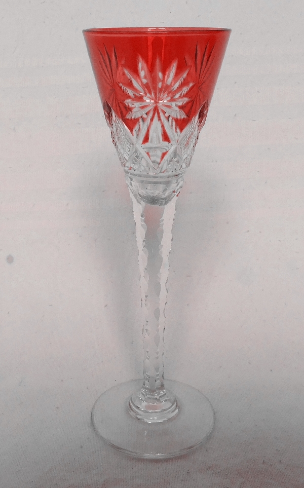Detail — St Louis crystal liquor glass, Nelly pattern, red overlay crystal