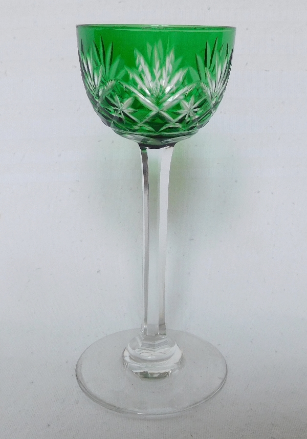 Detail — St Louis overlay crystal liquor glass, Massenet pattern, green overlay crystal