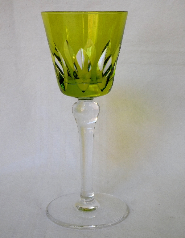Detail — Rare light green St Louis overlay crystal hock glass, Jersey pattern - signed