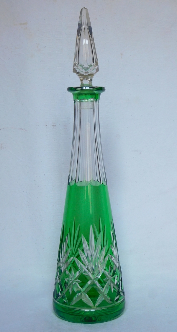 Detail — St Louis crystal liquor decanter, green overlay, Masset pattern