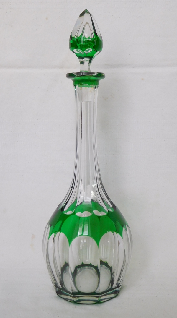 Detail — St Louis crystal wine / water decanter, green overlay, Bristol pattern