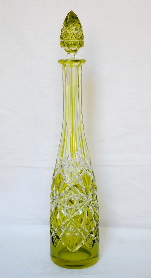 Detail — Baccarat crystal liquor decanter, Lagny pattern, light green overlay crystal
