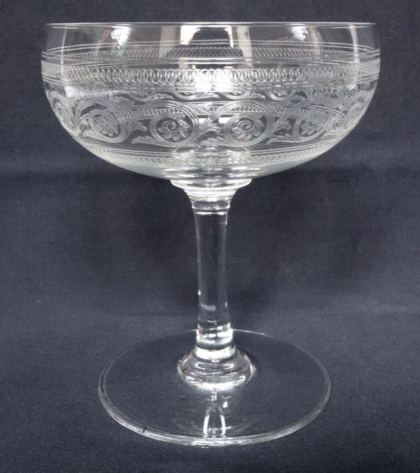 Detail — Baccarat crystal champagne glass, Athenian engraved pattern