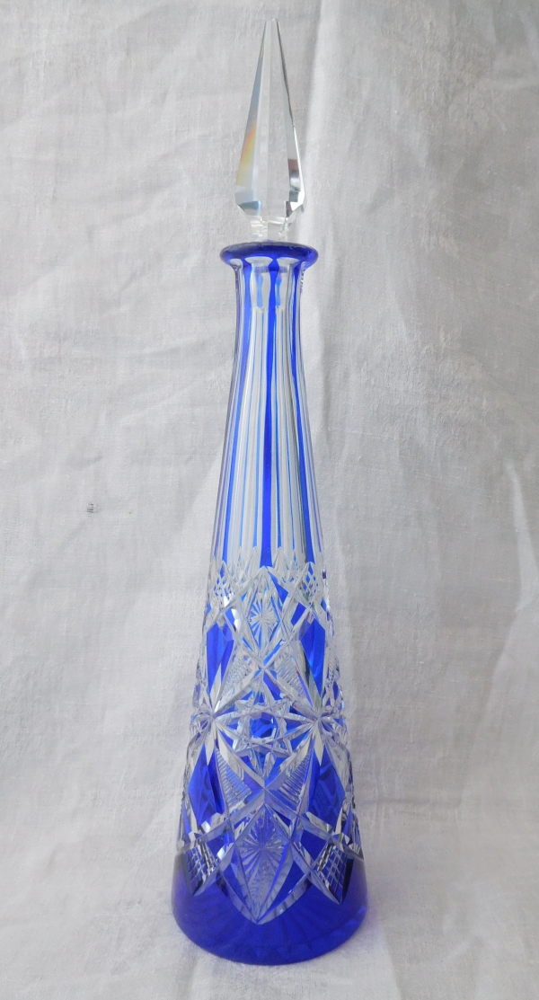 Detail — Blue overlay Baccarat crystal wine decanter, Lagny pattern