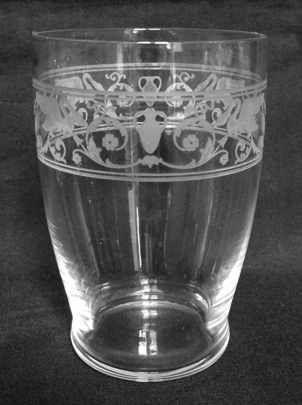 Detail — Baccarat crystal water glass, Empire-style gobelet engraved with swans