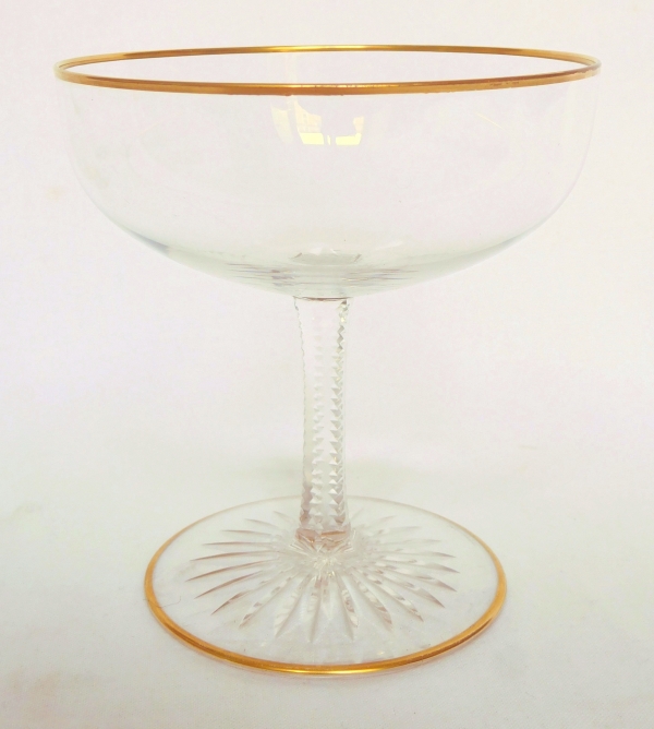 Detail — Baccarat crystal champagne glass, F shape, cut crystal enhanced with fine gold