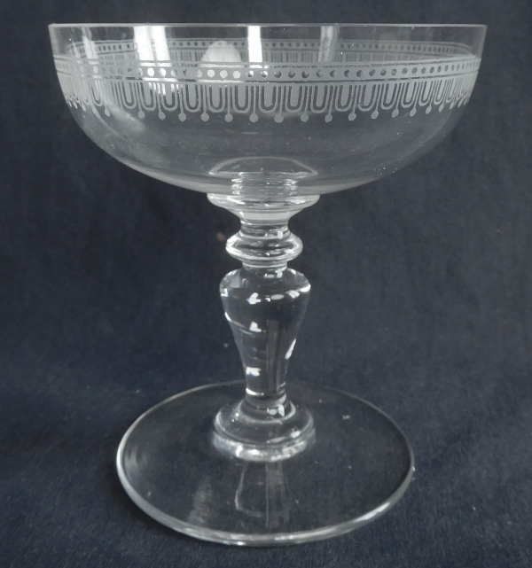 Detail — Baccarat crystal champagne glass, Louis XVI style engraving