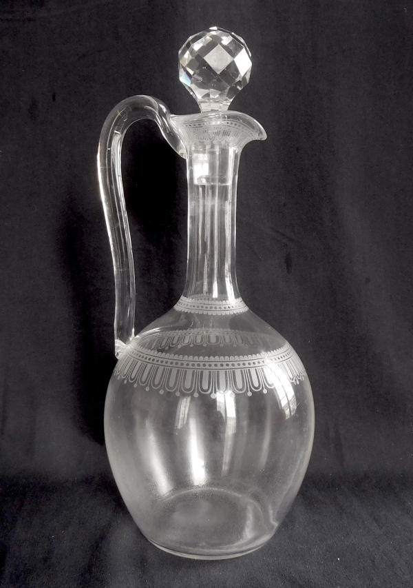 Detail — Baccarat crystal ewer / decanter / bottle, Louis XVI style engraving