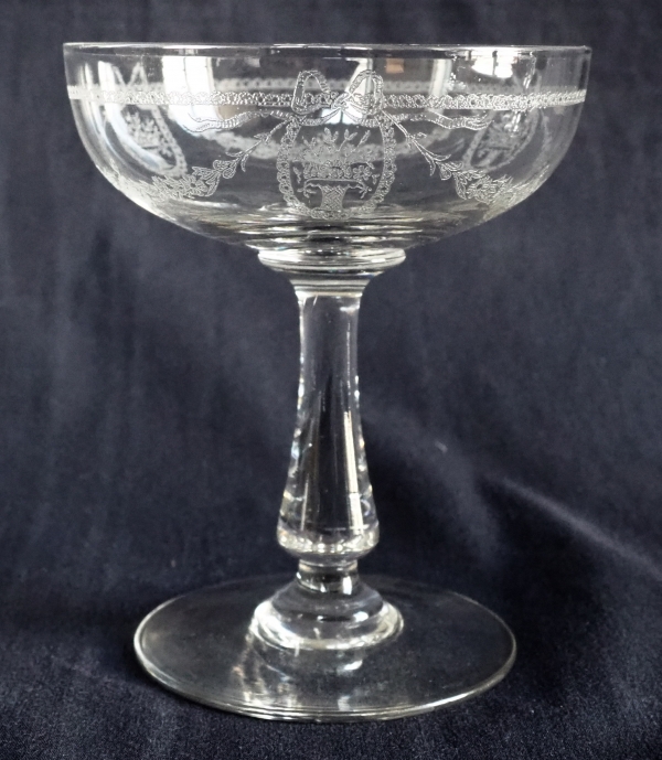 Detail — St Louis crystal champagne glass, Sapho pattern, Louis XVI style engraved decoration