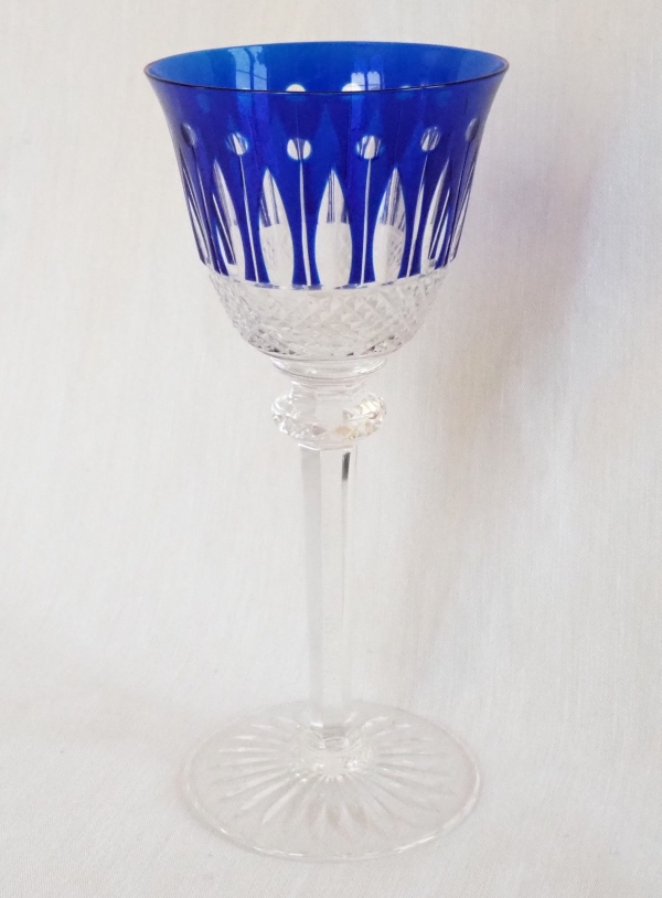 Detail — St Louis crystal hock glass, Tommy pattern, cobalt blue overlay crystal - signed - 19.8cm
