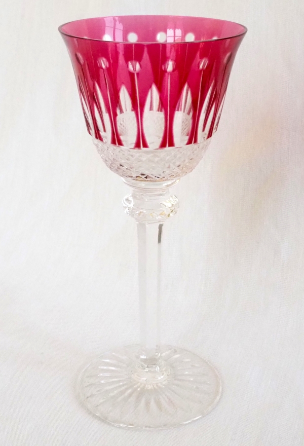 Detail — St Louis crystal hock glass, Tommy pattern, pink overlay crystal - signed - 19.8cm