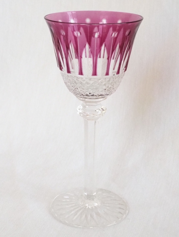 Detail — St Louis crystal hock glass, Tommy pattern, purple overlay crystal - signed - 19.8cm
