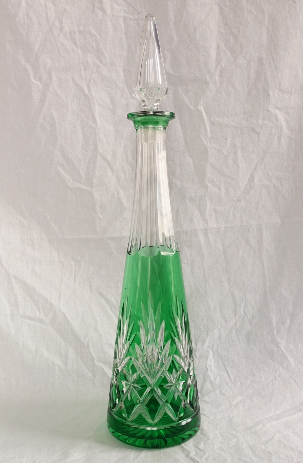 Detail — St Louis crystal wine decanter, Massenet pattern, green overlay crystal