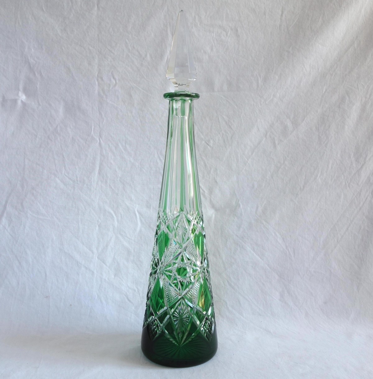 Detail — Green overlay Baccarat crystal wine bottle, Lagny pattern