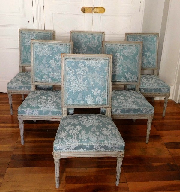 Détail — Série de 6 chaises de salle à manger d'époque Louis XVI, estampille de Delaisement