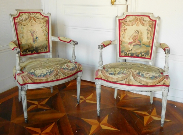Detail — Pair of Louis XVI cabriolet armchairs - 18th century Aubusson tapestry - France 1785-1790