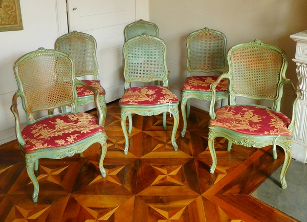 Detail — JB Gourdin : canned Louis XV set - 2 armchairs & 4 chairs - 18th century, signed