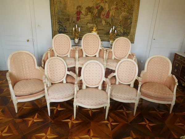 Détail — JB Lelarge : grand salon 9 pièces d'époque Louis XVI - canapé 2 bergères 6 fauteuils - estampille