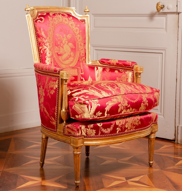 Detail — Louis XVI wing chair gilt with gold leaf, late 18th century, Tassinari & Chatel silk fabric