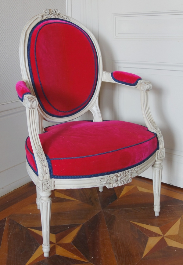 Détail — Jean-Baptiste Boulard : fauteuil cabriolet d'époque Louis XVI, velours de soie - estampillé