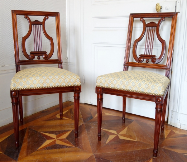 Détail — Georges Jacob : paire de chaises lyre d'époque Louis XVI en acajou recouvertes crin de cheval