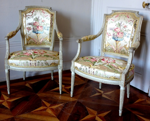 Detail — Pair of Louis XVI cabriolet armchairs stamped Claude Sene, 18th century