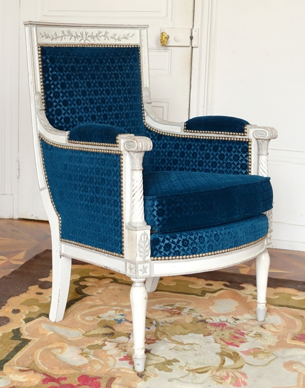 Detail — Directoire lacquered wing chair / bergere, late 18th century